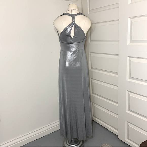 VINTAGE Silver Gray Maxi Dress Halter Straps Metallic Cinched Festive Gown XS/S - Picture 7 of 11